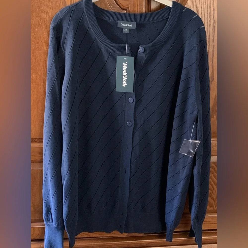 ModCloth Navy Blue Diagonal Ribbed Button-Up Cardigan - Picture 2 of 2